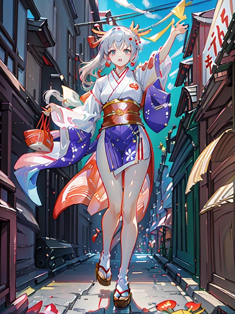 High definition、anime、pastel、A neat woman dressed in a shrine maiden outfit、Do not show your legs、Do not show thighs、Flowers sprout from beneath your feet、A long, flowing miko outfit、１８age、Half red long silver hair、Full body portrait、Wearing clogs、Large eyes like opals、Powerful eyes、Dance dedicated to the gods