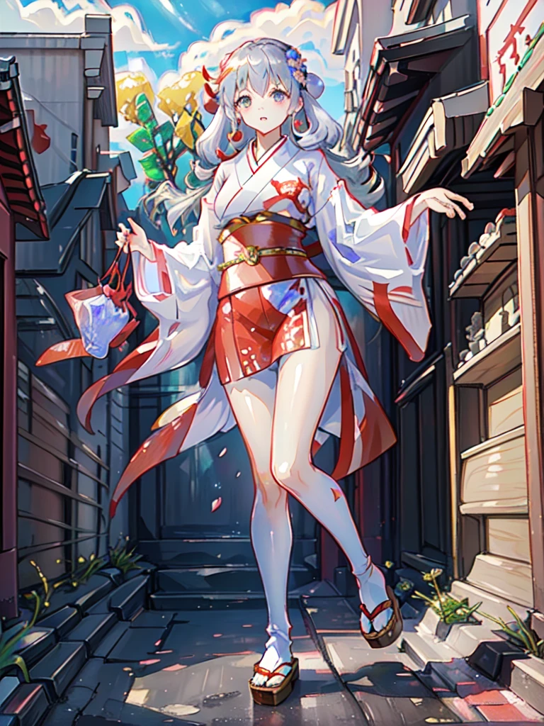 High definition、anime、pastel、A neat woman dressed in a shrine maiden outfit、Do not show your legs、Do not show thighs、Flowers sprout from beneath your feet、A long, flowing miko outfit、１８age、Half red long silver hair、Full body portrait、Wearing clogs、Large eyes like opals、Powerful eyes、Dance dedicated to the gods