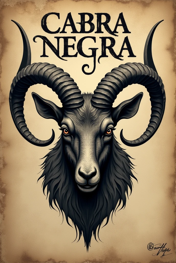 Goat head with four horns for tattoo with the letter BLACK GOAT written in Spanish above the head, well feared