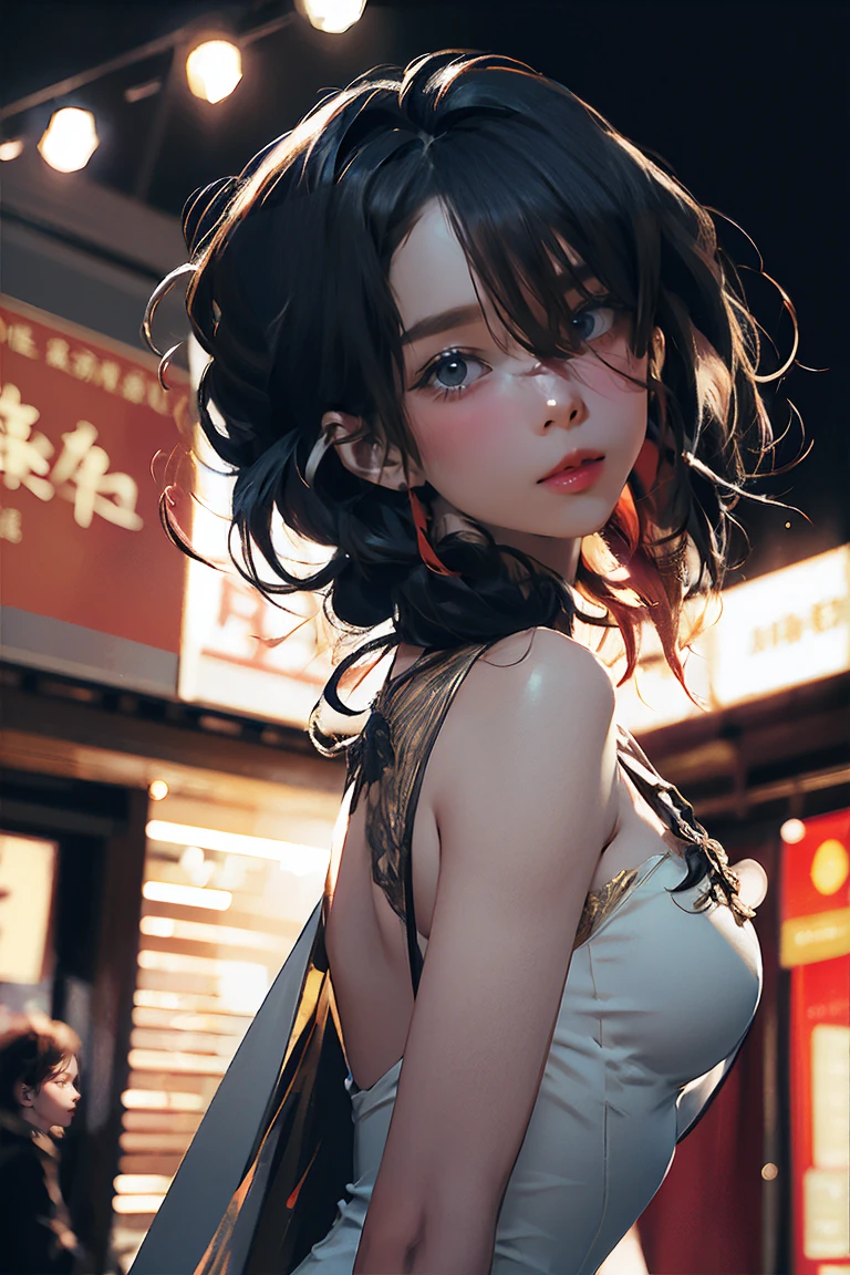 masterpiece, best quality, miranda, (halfbody shot,street lamps,moon),Masterpiece, 1girl, solo exhibition, beautiful woman on the bustling street, surrounded by hawkers, beautiful goddess girl portrait, beautiful and detailed face, porcelain skin, (((bust shot, center, night, black hair, short hair)), super soft lighting, symmetry, complexity, elegance, high detail, realism, art, concept art,