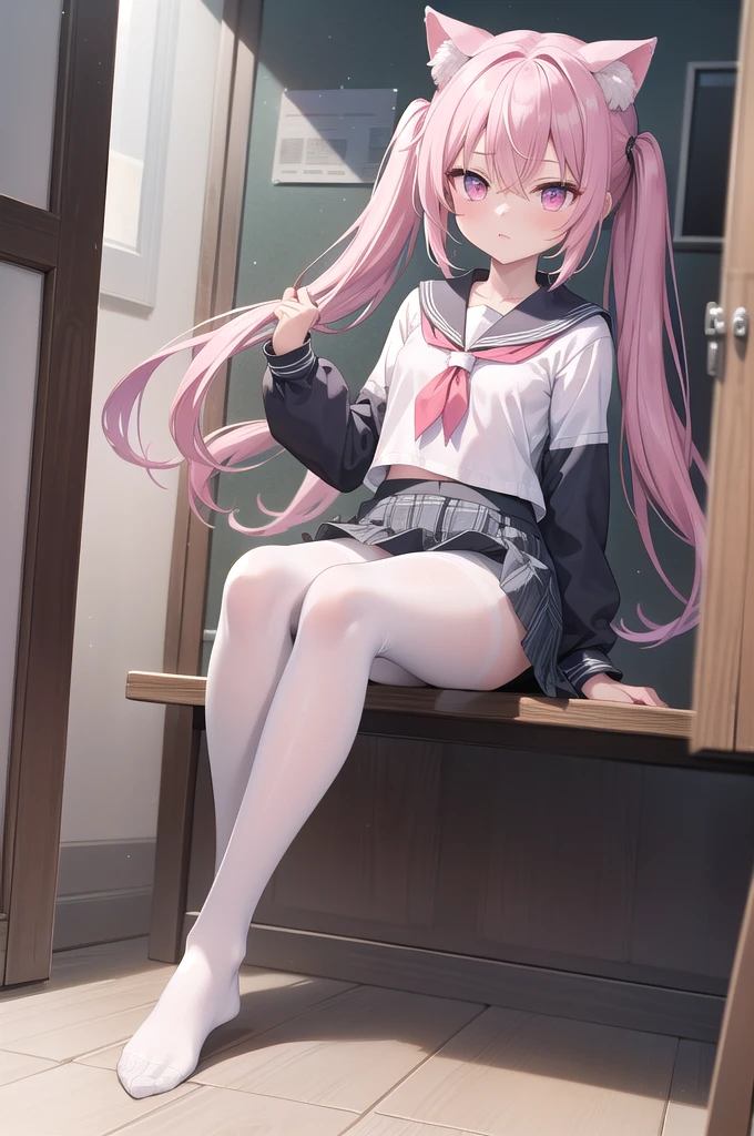 1girl, cat girl, Cat ears, grey hair, streaked hair, pink hair, long hair, hair between eyes, twintails, sailor collar,
highly_detailed, Beautiful eyes, extremely_detailed_CG_unity_8k_wallpaper, highres, absurdres, beautiful_detailed_eyes, finely_detailed_clothing, finely_detailed_light, highly_detail_hair_,
colorful, light rays, caustics, aistics, lens flare, bokeh, nsfw, A small chest, pink eyes, White pantyhose, JK Uniform Plaid Skirt, school uniform, Light pink mini skirt, ruffle, blush, Show off your feet, No shoes on,
score_anime, score_9, score_8_up, masterpiece, beautiful scenery, illustration,