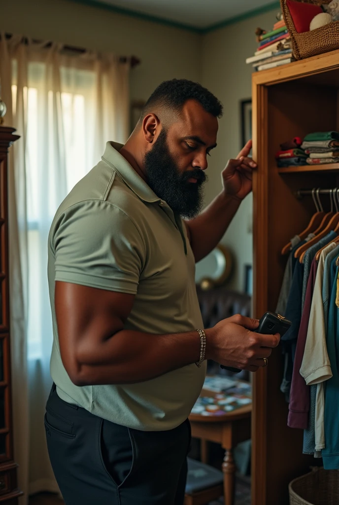 A brown man with a beard, a strong build, a polo shirt and pants, Rummaging through the closets of a house that isn't his. He's weird.