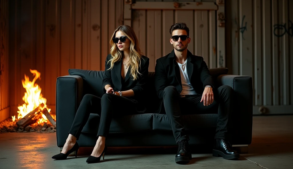A women and man sitting on gracefull separate sofa in iron garage fire behind them both are wears black and sunglasses