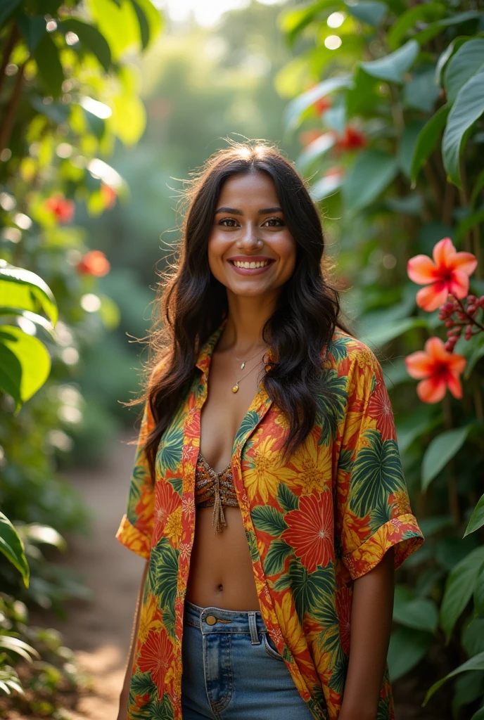 A Brazilian woman in a lush tropical garden, wearing an open shirt with a floral print, with a close-up capturing the harmonious beauty between her breasts and the natural flowers, showing off your natural charm and outgoing personality.