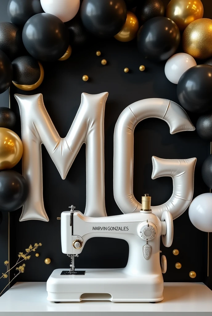 Logo with the letter mg with a machine and the. Background balloons decoration in black and white and gold a white sewing machine that in front has the name Marvin Gonzales in capital letters