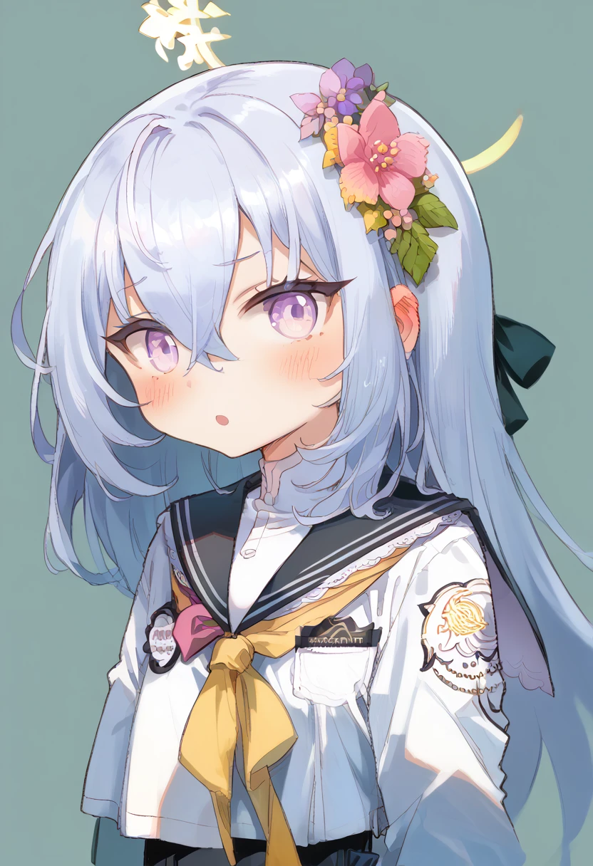 azusa \(blue archive\), 1girl arm_behind_back blush flower grey_background hair_between_eyes hair_flower hair_ornament halo looking_at_viewer open_mouth purple_eyes school_uniform simple_background solo white_hair