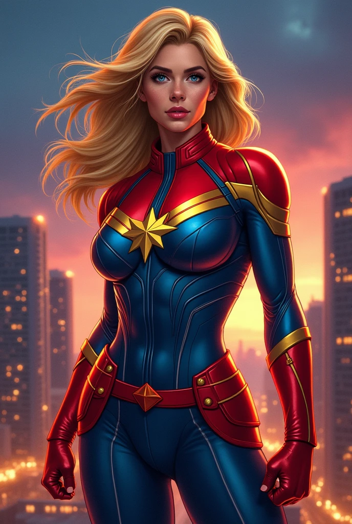 The image appears to be a highly stylized and exaggerated illustration of a female superhero, resembling Captain Marvel. She is depicted with a voluptuous figure, wearing the character's iconic red, blue, and gold costume with a star emblem on her chest. The character has blonde hair, and the background suggests an urban setting, possibly a city at dusk or night, with lights and buildings faintly visible. The style of the artwork is detailed and realistic, though it emphasizes certain features in a way that is common in comic or fantasy art.