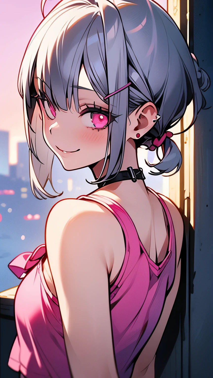 1girl、Short silver bob hair tied in a bun with a hair clip, Pink Eyes、smile、really like、Pink tank top、hot pants、Upper body close-up、Morning Cafe Terrace、Background blur, Written boundary depth