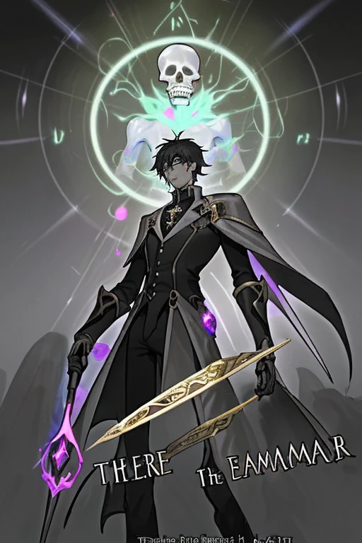 "Series name: Necromancer Aura", World, where every person has auras. Our hero will have gray color, gray aura. He will be dressed like a nobleman, with black hair. Our hero is in the plains, where you can see golden cards and people hunters, resurrecting skeletons. Our hero is a man: 1.2), The perfect combination of elements.