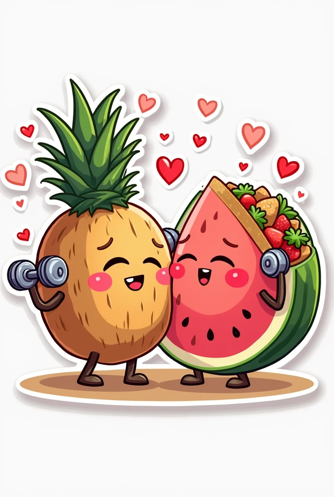 A sticker of a coconut and a watermelon in love with lots of hearts and kissing each other. The coconut has to have dumbbells in its hands and the watermelon a taco.
