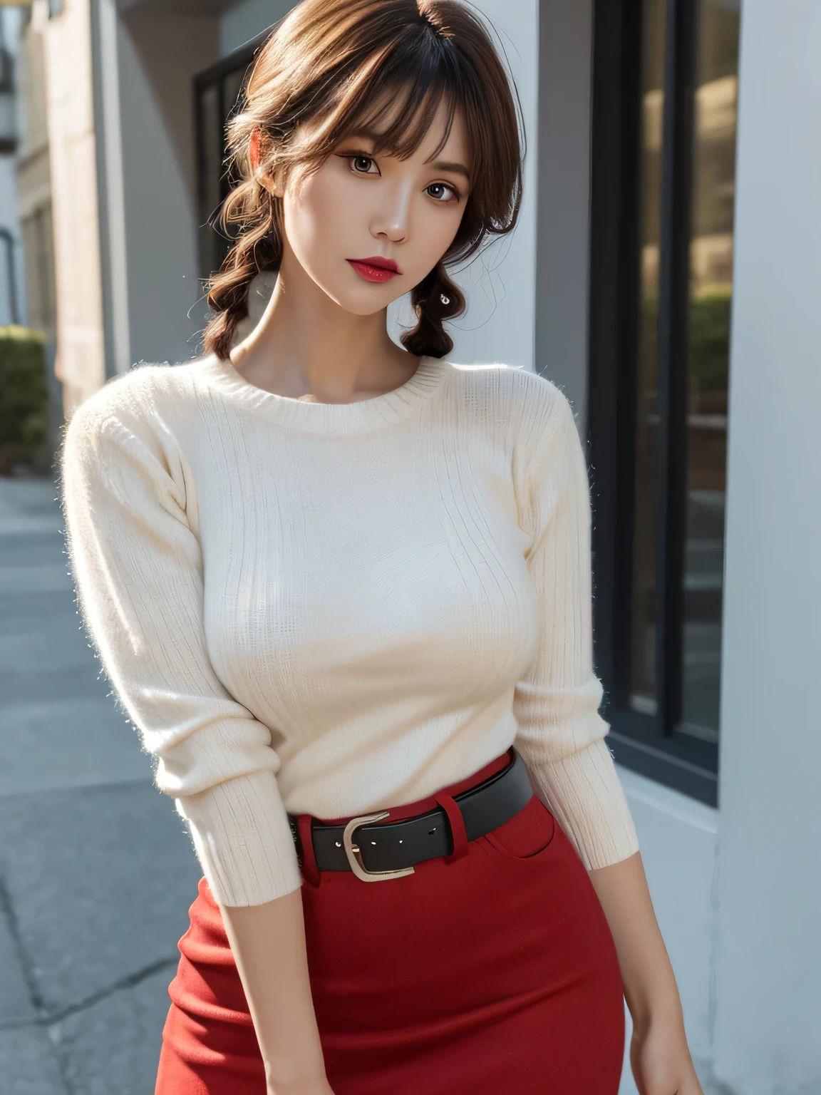 retro red short dress, mini skirt, Tight silhouette, Big breasts visible even through clothes, Very big, tight waist design, Hot cheeks, slightly open lips
