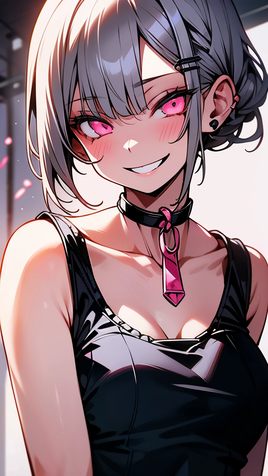 1girl、Short silver bob hair tied in a bun with a hair clip, Pink Eyes、smile、really like、Pink tank top、hot pants、Upper body close-up、Morning Cafe Terrace、Background blur, Written boundary depth