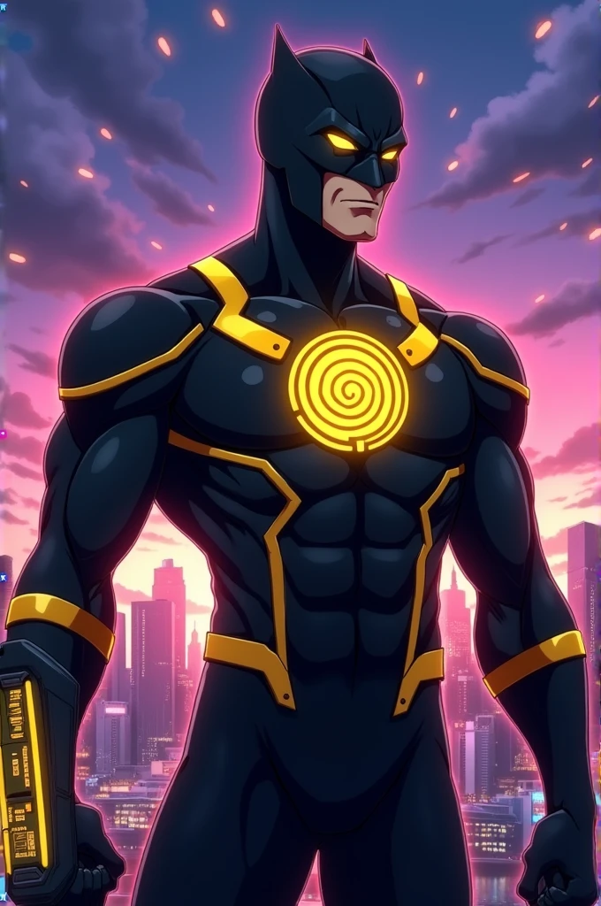 Make me a superhero whose suit is black, with a spiral emblem, on his chest, with yellow details and has a high-tech device on his left forearm, that he wears a mask and is in anime version