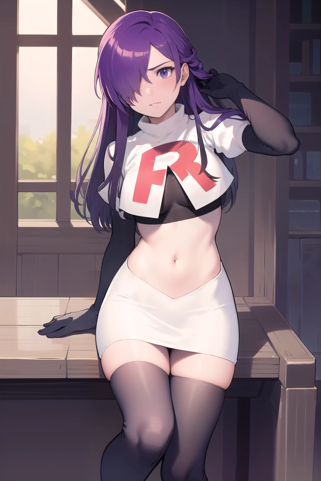 masterpiece, best quality, shez, hair over one eye, looking at viewer, team rocket,team rocket uniform,white skirt,red letter R,crop top,black thigh-highs,black elbow gloves