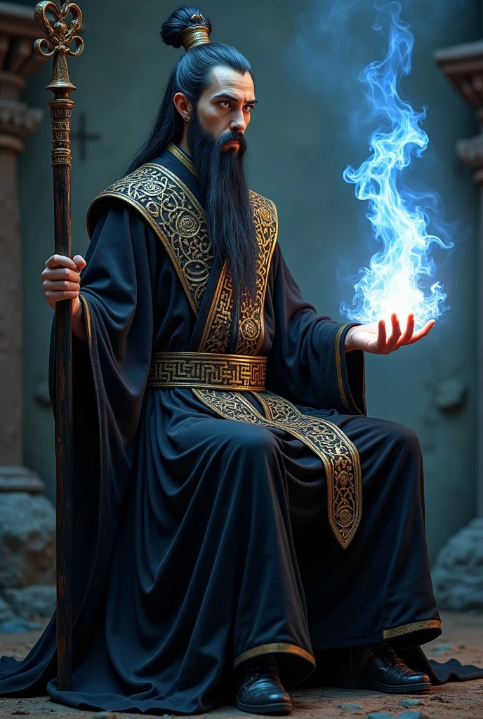 Clear Eyes　8k　Super detailed　Ultra fantasy　Surreal　Super Graphics　Magic Taoist　Black 85%　Gold 10%　gorgeous design　Robe　Holding a blue and white glowing flame in his right hand　Holding a wizard's staff in his left hand　Gothic style　Geometric pattern　Sitting pose　
