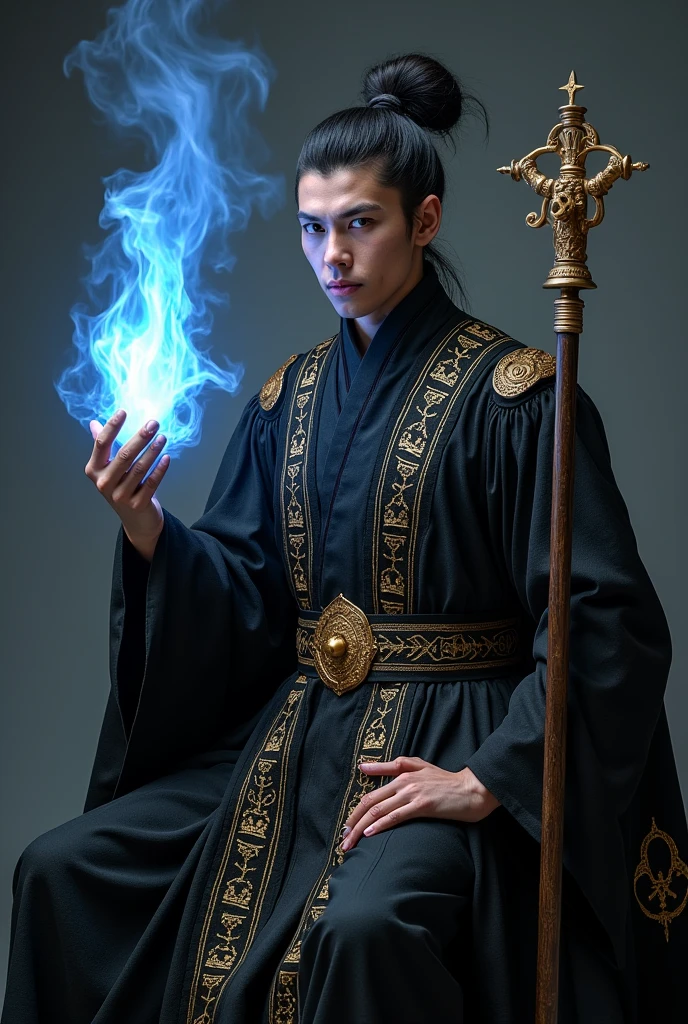 Clear Eyes 8k Super detailed Ultra fantasy Surreal Super Graphics Magic Taoist Black 85% Gold 10% gorgeous design Robe Holding a blue and white glowing flame in his right hand Holding a wizard's staff in his left hand Gothic style Geometric pattern Sitting pose
