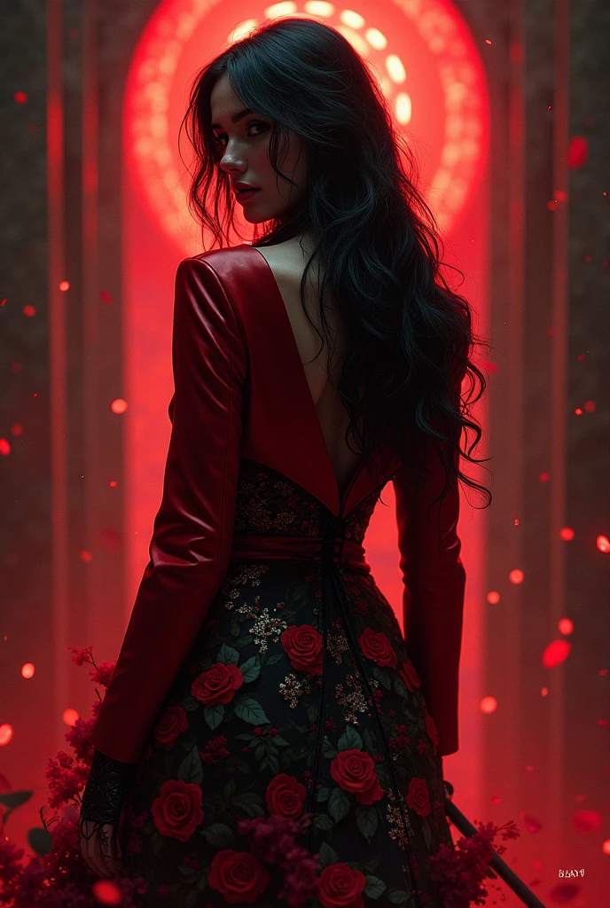 A striking hyper-realistic digital art masterpiece by T. Mann NYC, seamlessly blending full-body.A captivating dark fantasy painting of a regal woman whit her back to camara. wearing an exquisite adorned with various vibrant flowers features the talented Eiza González as the enigmatic brunette assassin, Zoey. She is dressed in a fiery red jacket that perfectly contrasts with her sleek black dress. The dramatic hood falls gracefully down her back, and her captivating eyes reveal a sense of confidence and inner strength. The rich color palette of reds and dark blacks creates an enthralling atmosphere. This cinematic, painting-inspired piece features conceptual art, illustration, fashion, cinematic including roses and peonies. Her dark long hair cascades down her back, and her intense gaze full lips, nice ass, is directed towards the viewer. The woman is dressed in a deep red gown with intricate floral patterns and delicate lace details, accentuated by her elaborate earrings and bracelets. The background is a mesmerizing blend of floral motifs and swirling patterns, dominated by shades of red, white, and gray. The overall atmosphere of the painting is mysterious and enchanting., vibrant, dark fantasy, painting photo, painting, architecture, cinematic, graffiti, poster, fashion, 3d render, illustration, dark fantasy, conceptual art, typography
