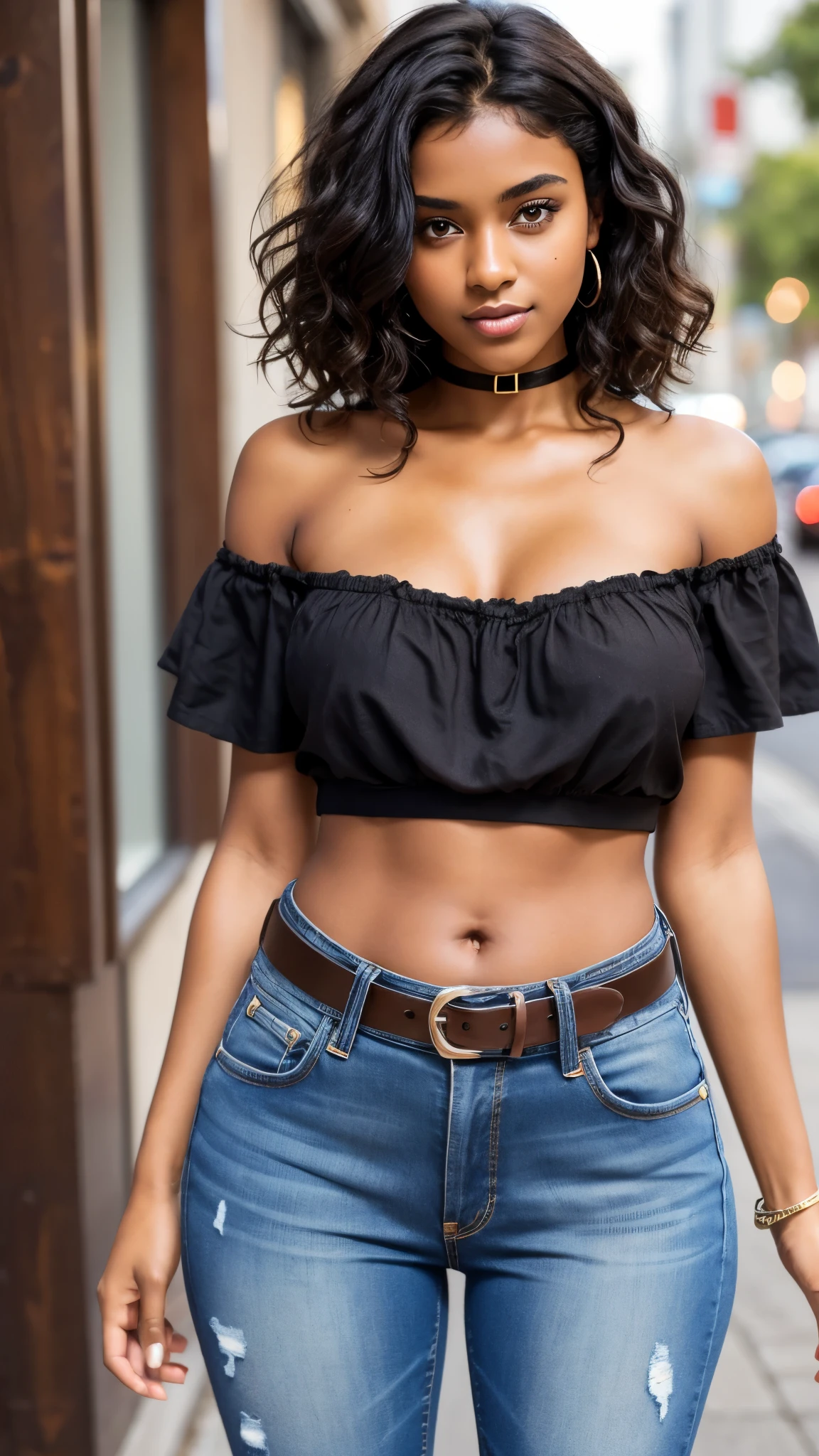 Beautiful 20-year-old brunette girl with dark skin, black curly hair and brown eyes wearing a black one-shoulder blouse and high-waisted jeans with a belt showing her belly button with thick legs