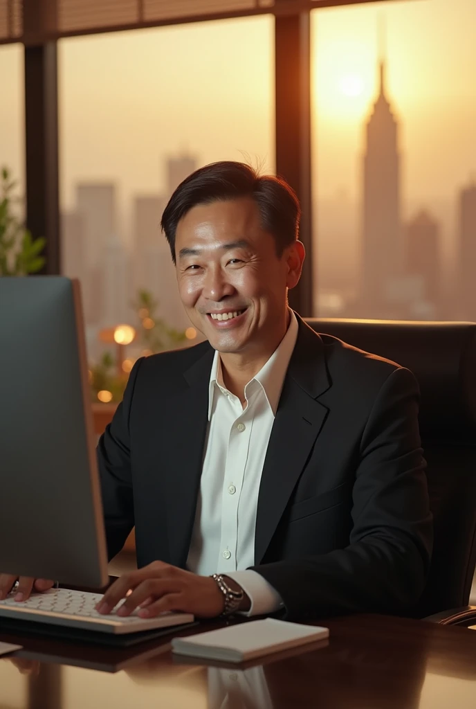 Create a surreal image of a wealthy Asian executive in his mid-60s. He is smiling as he looks at the computer screen., Lower your lips. He has short black hair、Wearing a white shirt、Over that he wears a black suit jacket。. In the background、Depicts a luxurious office scene with large windows offering a panoramic city view。. The lighting is soft, Highlight your face、In the background拡散した輝きを残す、