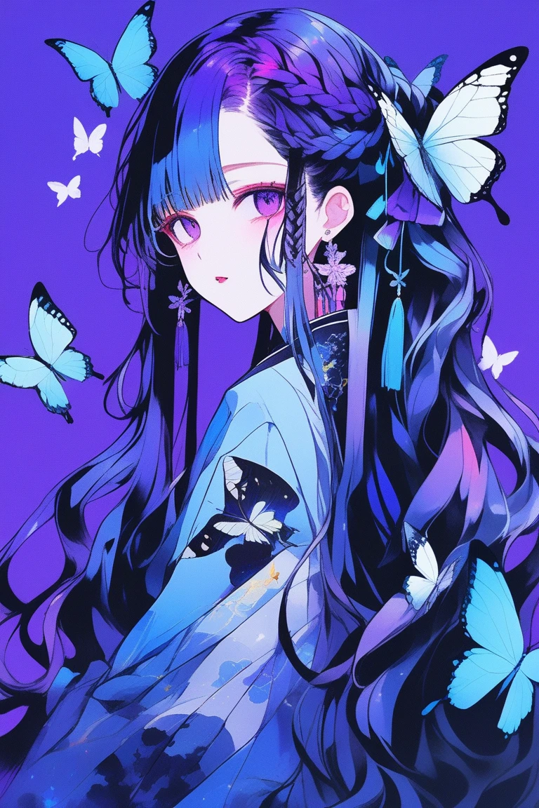 (masterpiece,Highest quality) Illustrator, anime , Realistic ,sketch , 1 person, ,lip, Braiding、Under the Moon、Black and purple hair、Beautiful books、Blue butterfly hair ornament、A revealing rainbow-colored butterfly-like haori, (((Upper Body))), order, Blue gradient background, Neon Hair,Texture Trim, Canadian, (masterpiece,Highest quality)