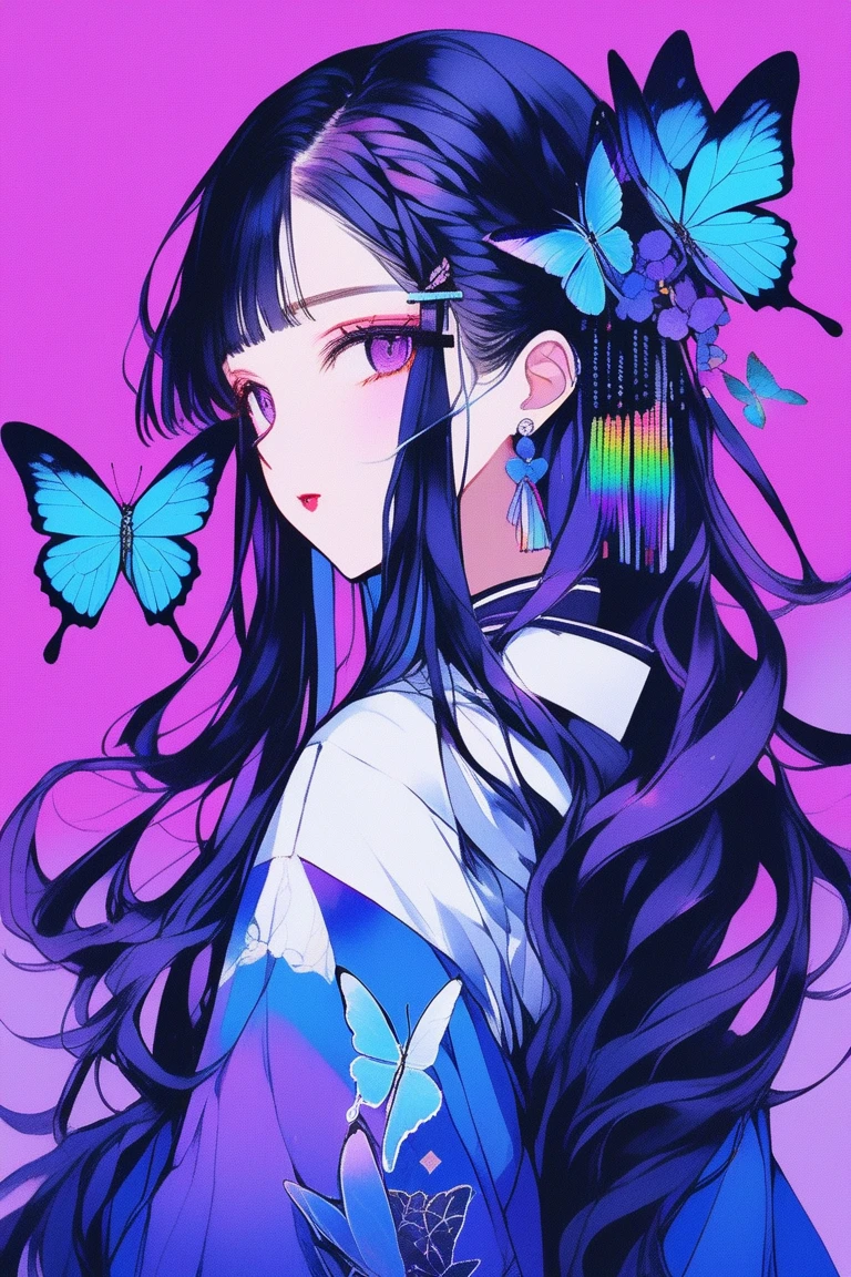 (masterpiece,Highest quality) Illustrator, anime , Realistic ,sketch , 1 person, ,lip, Braiding、Under the Moon、Black and purple hair、Beautiful books、Blue butterfly hair ornament、A revealing rainbow-colored butterfly-like haori, (((Upper Body))), order, Blue gradient background, Neon Hair,Texture Trim, Canadian, (masterpiece,Highest quality)