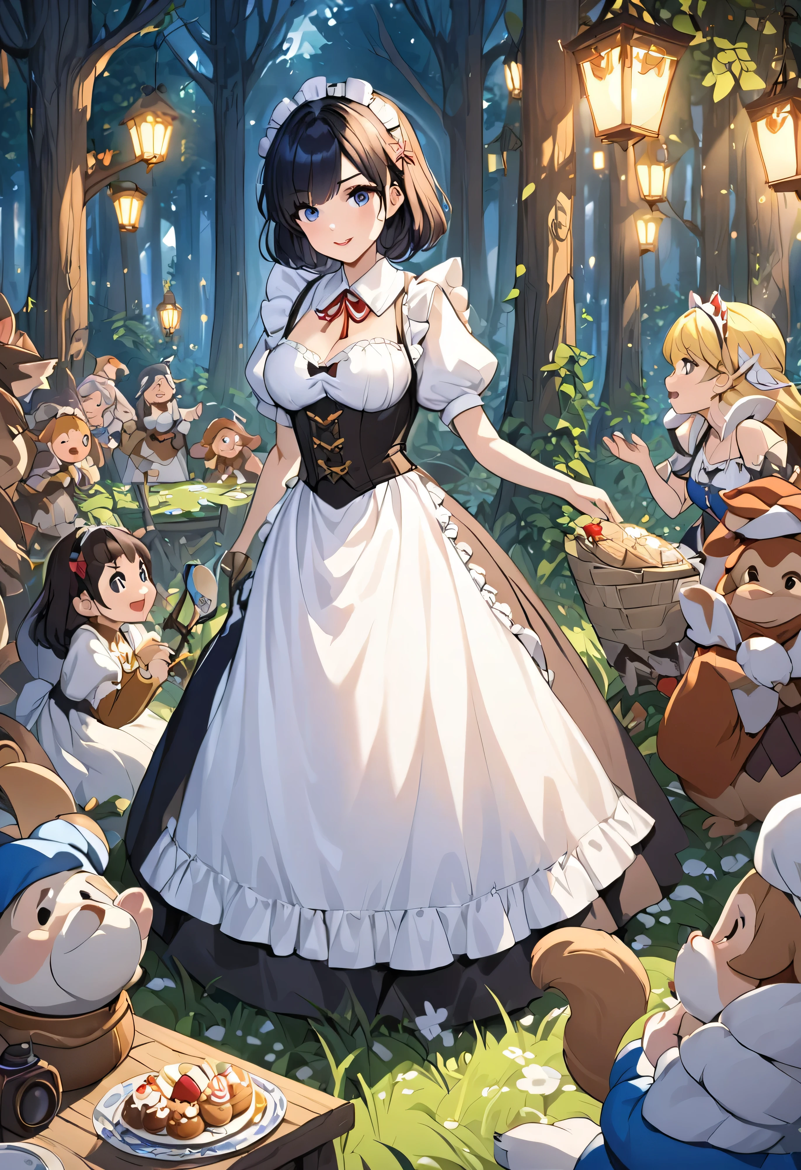 masterpiece, detailed, Fun illustrations, Deep in the forest of medieval Europe, Cinema Lighting, The heroine is Snow White, The most beautiful girl in the world, Bob Hair, Maid clothes.She is in the middle of a tea party with the seven dwarfs and the animals of the forest..