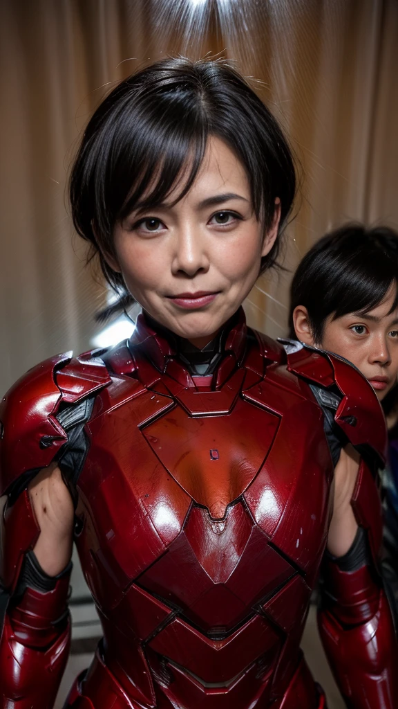 Highest quality 8k all red iron man suit girl Middle-aged women Sweaty face Hot and tired look smile short hair boyish Steam from the headが出ている My hair is wet with sweat Black Hair Steam from the head Full body portrait My upper body is soaked I can see the vagina Face soaked Both of them look the same