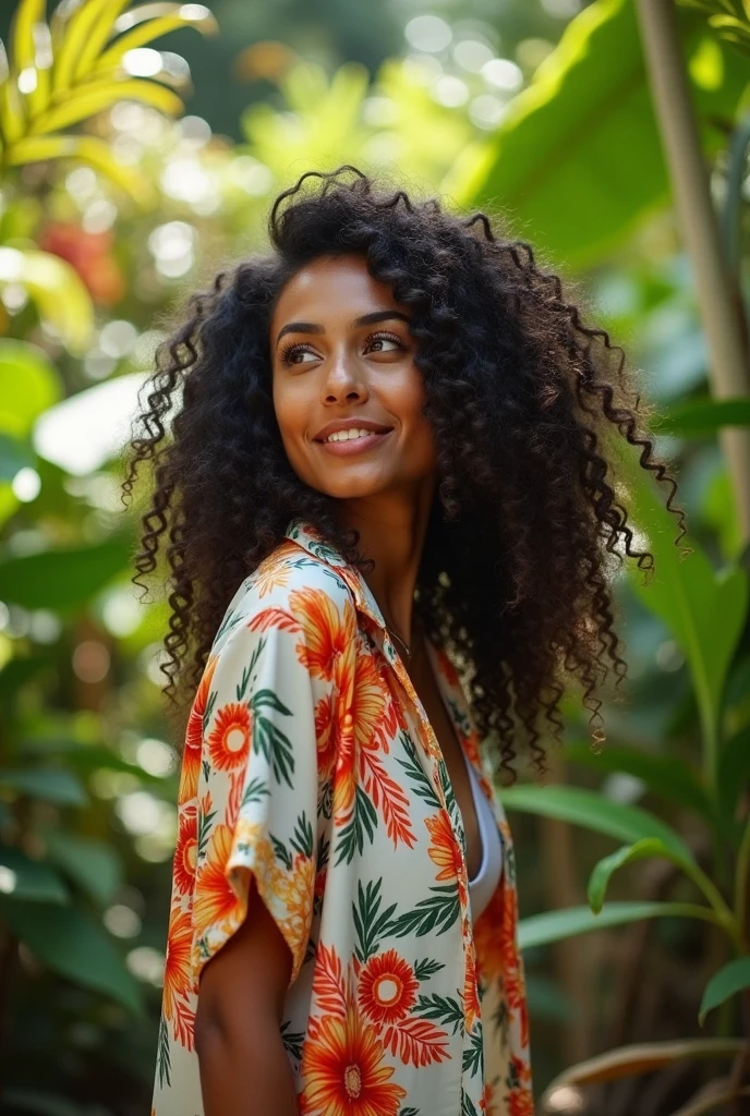 A Brazilian woman in a lush tropical garden, wearing an open shirt with a floral print, with a close-up capturing the harmonious beauty between her breasts and the natural flowers, complaining to her husband , for having messed up the house .