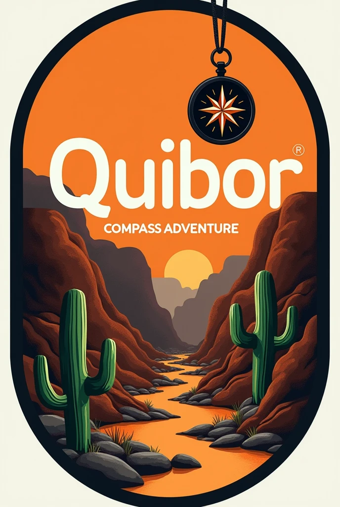 Logo:

1. General form: Circular design.

2. bottom: Orange, evoking a sunset.

3. Borders:
   - Color de Borders: negro.
   - Grosor de Borders: 3 px.

4. natural elements:
   - Carcavas: Stylized illustrations of the Quibor gullies, with irregular and textured shapes in brown and beige tones.
   - Cactus: A small cactus in green, located on one side of the logo.

5. compass: A compass on top, in black and white to stand out.

6. Text:
   - Word "Quibor": letters in white, sans serif typeface, in a large and prominent size.
   - "COMPASS ADVENTURE": letters in white, sans serif typeface, in a smaller size, located at the bottom.