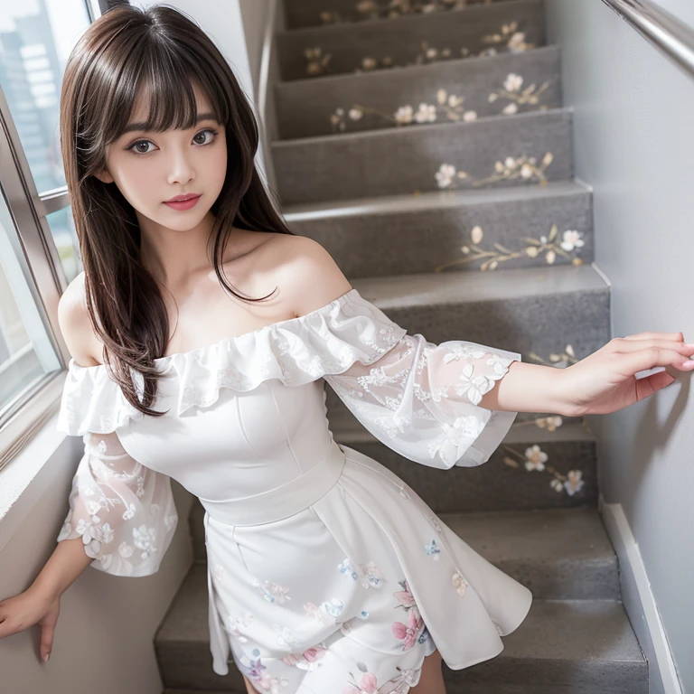 (knee shot), 1 woman, On the face, light brown hair, 鈍Bangs, hair behind ears, Hair over the shoulders, long hair, Portrat、Bright expression、Young, shiny and fair skin、Best looking、ultimate beautiful girl、美麗的Bangs閃閃發光、Glowing, crystal clear and charming blue eyes、Very beautiful 31 year old girl、plump bust((Girl standing on hall stairs))、 silver hair, Bangs, 鈍Bangs, long, straight hair, Aqua eyes, Long eyelashes, Solid round eyes, cosmetics, open mouth, blush, open lips, Bright pupils, smiley face, seductive smile, flashing, Surrealism, modern、Black tights、High heel、((Plain white dress、floral dress、、Off-shoulder、skirt: 1.6))、Hazy skyscraper windows、mix4、((skirt在風中飄揚)),((lift skirt))lift skirt、
