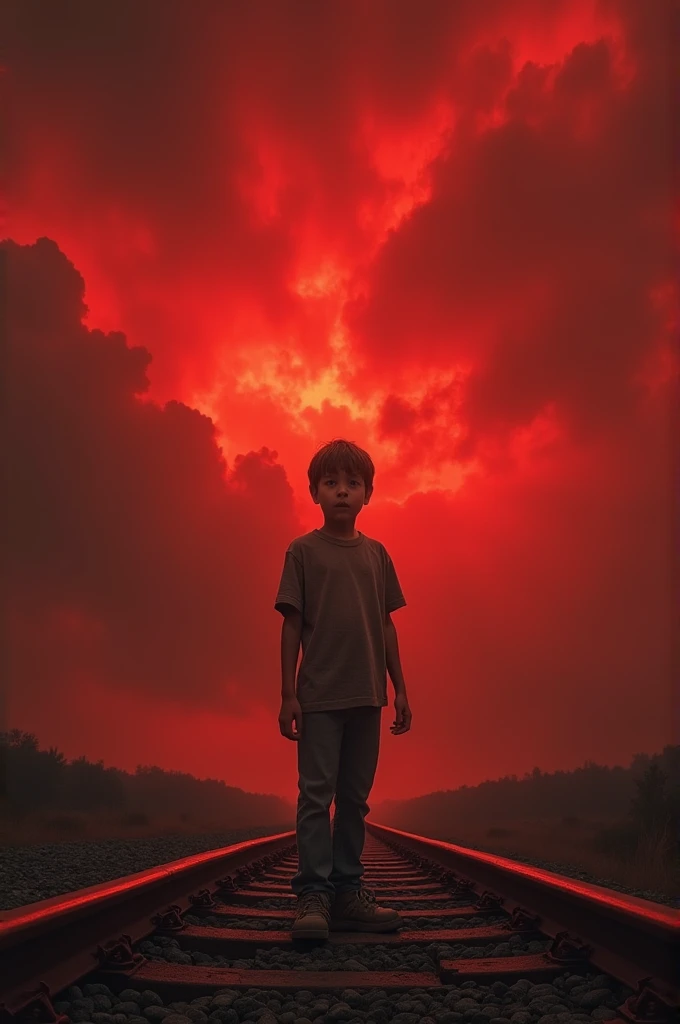 Create a drawing with a reddish background, cloudy with blood red clouds, with a scared boy alone, and an empty track. I have a style that I can draw in my notebook