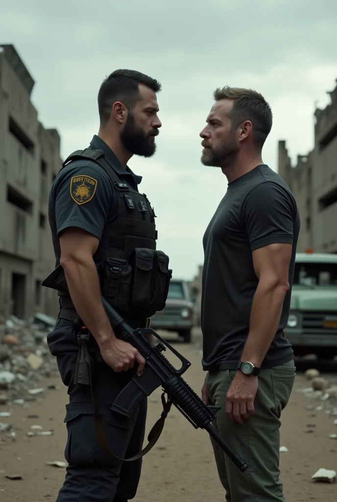 A soldier in a black uniform and also a slightly short beard with gray hair with a rifle meets a character from the series 'The Walking Dead'" named Rick,and they find themselves in a destroyed military base.