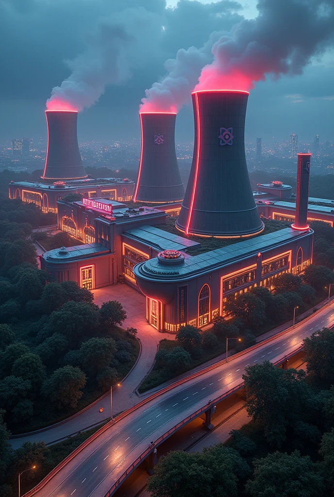 nuclear power plant, nuclear power plant, Cooling Tower, Atomic symbol, Multiple buildings, Neon lights标志, Neon lights, Aerial View ,Art Deco Design，streamline moderne，Futuristic architecture, abstract，modern style，Night view，A dark and melancholic atmosphere, Futuristic decorative elements，Metal，Number Line，sci-fi lamp，Unreal Engine，Unreal Rendering, Greenery, highway, car, Solar roof, Eco-friendly, roof garden,