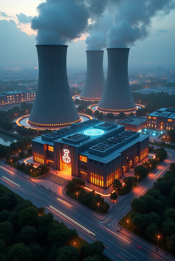 nuclear power plant, nuclear power plant, Cooling Tower, Atomic symbol, Multiple buildings, Neon lights标志, Neon lights, Aerial View ,Art Deco Design,streamline moderne,Futuristic architecture, abstract,modern style,Night view,A dark and melancholic atmosphere, Futuristic decorative elements,Metal,Number Line,sci-fi lamp,Unreal Engine,Unreal Rendering, Greenery, highway, car, Solar roof, Eco-friendly, roof garden,