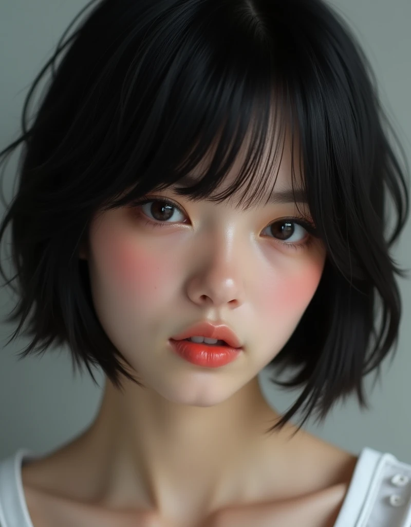 (RAW photo, best quality, masterpiece: 1.2), (photorealistic: 1.4), best lighting, 20 years old, (black hair, short bob cut, hair in 7 thirds, hair over one ear, Symmetrical eyes, fair skin, solo, Detailed Skinm, Beautiful lips, gloss, Polish girls:1.2),　