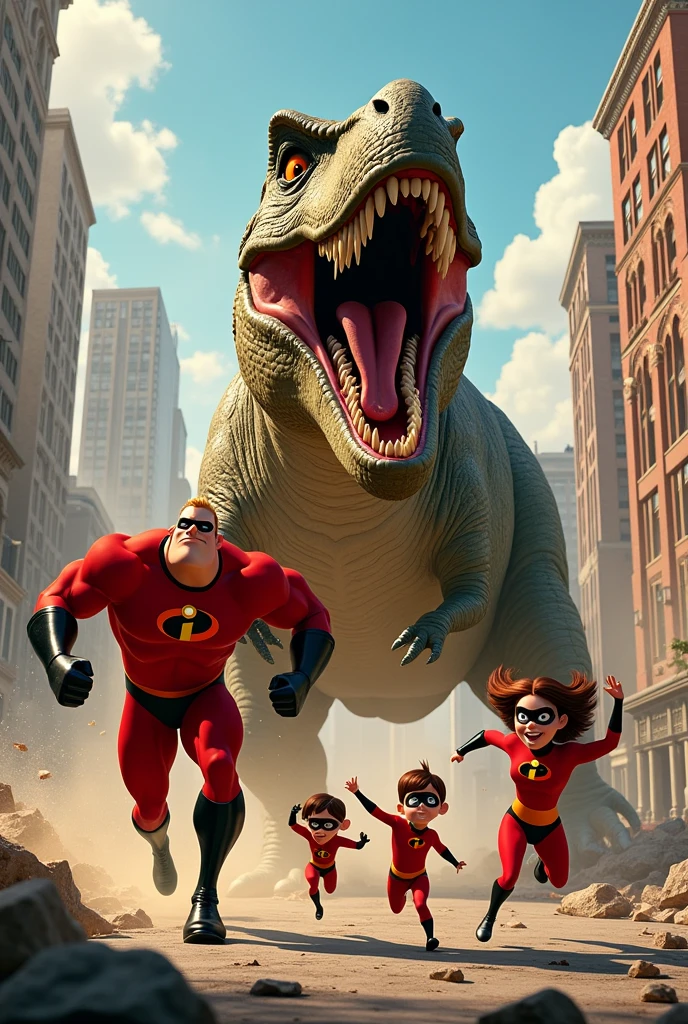 The Incredibles fighting a dinosaur