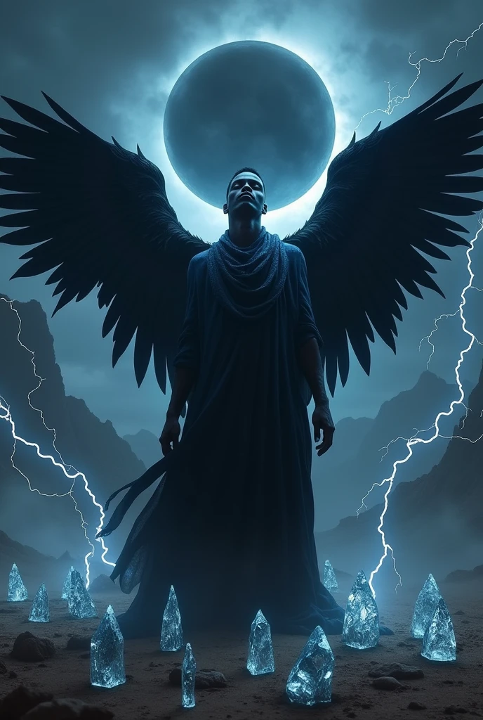 African man. Shadow powers. Wearing a cloak. Black wing. With a black sun.  Ten ice shards. Black lightening 

