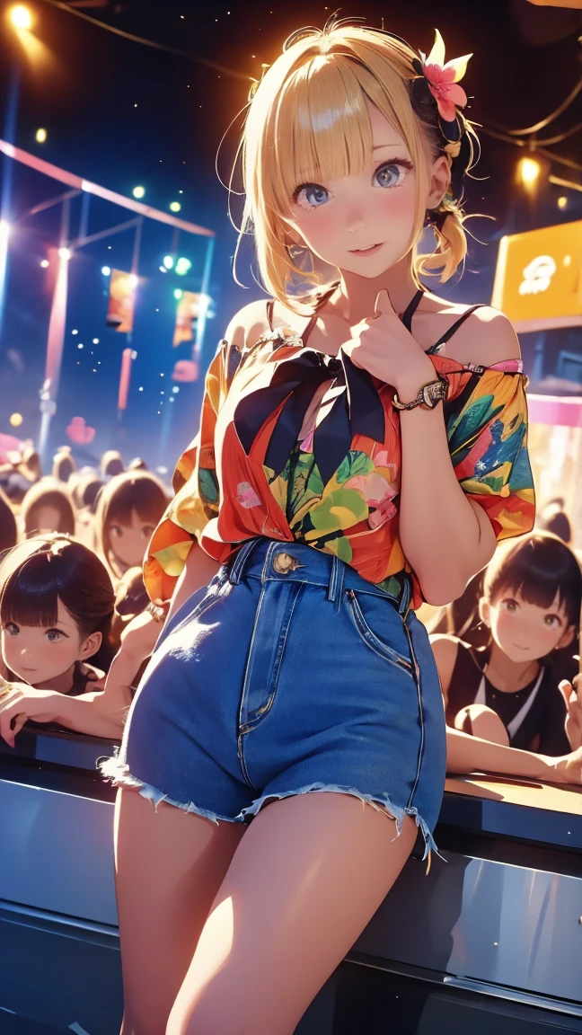 ((masterpiece)),(((Highest quality))),Comiket scenery、Big Sight、International Exhibition Hall、Thin thighs,Long legs,whole body:1.5，(:1.3),(もっと美しいsummerのラフな格好：1.3),(Wearing light casual clothes:1.2),Short Blonde:1.2、Idol Pose，summer、flowerpunk、Idol Group、Sparkle Effect、Light effect particles、Vivid gradients