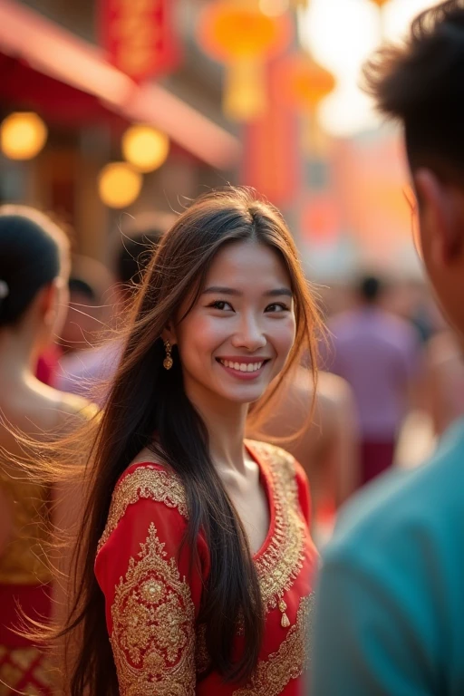 beautiful girl, long hair, Wear Thai clothes, Visit the temple fair in Bangkok,high resolution, smile, long hairมาก, depth of field, subjective point of view, Fair Light, movement lines, precise, best quality, Anatomically correct, 