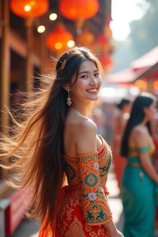 beautiful girl, long hair, Wear Thai clothes, Visit the temple fair in Bangkok,high resolution, smile, long hairมาก, depth of field, subjective point of view, Fair Light, movement lines, precise, best quality, Anatomically correct,