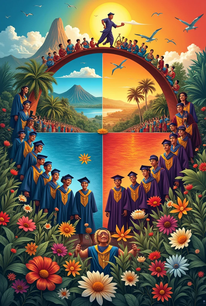 poster art about philippines with earth circle LIKE POSTER MAKING with four divides and one is alumni and one is intrams and one is traditional of philippines