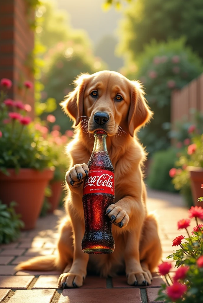 Very realistic dog drinking a bottle of Coca-Cola