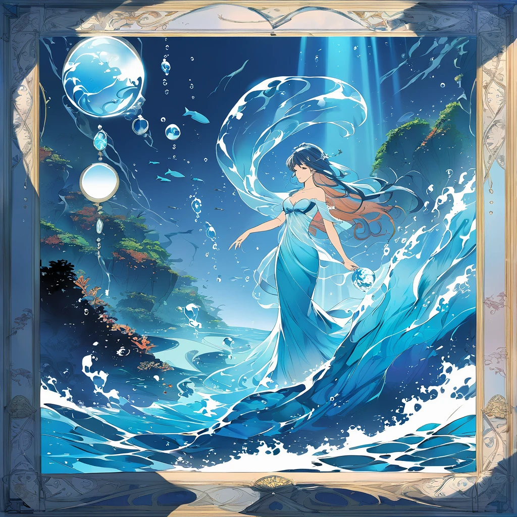 "Imagine a concept art, full body, Marvel comic book art style, female character, water elemental, translucent skin, hair like seaweed, flowing blue robes, serene expression, holding a water orb, underwater background with corals and sea creatures, soft blue lighting."