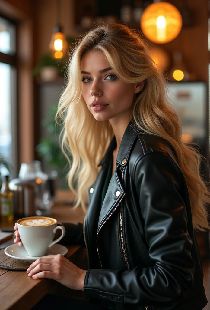une belle fille aux longs cheveux blonds, detailed eyes, sirote un thé matcha dans un bar branché, elegant outfit, Fashionable, perfect in leather, jean large, ordinateur HP (best quality,4K,8k,high resolution,head of'artwork:1.2),ultra-detailed,(realistic,photorealistic,photo-realistic:1.37),HDR city lighting, face turned, passing car