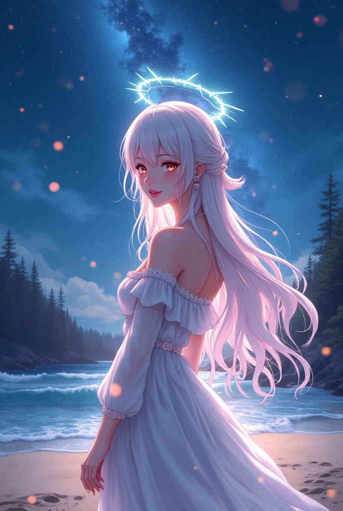 (masterpiece、Highest quality、8k、High resolution)、One female、(Beautiful Face、Beautiful Face)、Beautiful eyes、Beautiful lips、Beautiful nose、Silver blonde hair、(The best girl in anime)、Sandy beach with a view of the forest、A bright night with stars visible、milky way、体whole bodyから神秘的な光の粒子、Colorful light particles、A mysterious light glowing around the head、jewelry、necklace、dress、(whole body)、Highly detailed anime art、A complete portrayal、