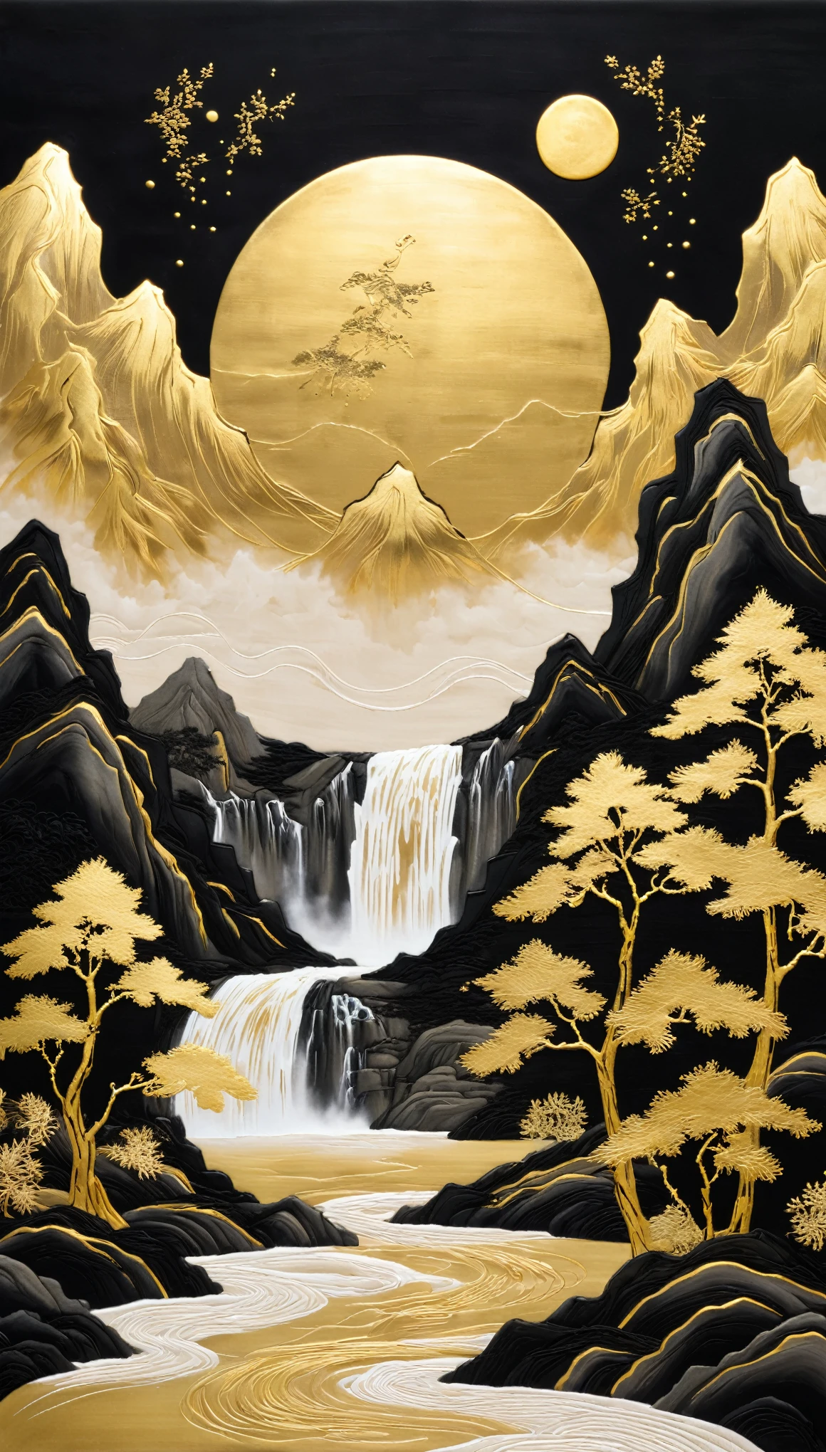 A black and gold painting featuring mountains and waterfall, golden pine trees, golden small moon, gild, flowing gold, Zen, Chinese black mountain embroidery technique, minimal color gamut, freehand brushwork, golden space, unique style of well illustration, rigorous art, isolated landscapes, symmetrical composition, art, design sense, organic form