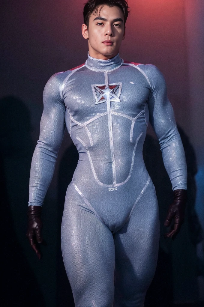 (realistic,hyper-detailed,8k,DC comic superhero,Captain Atom,captainatom),
(silver suit,silversuit),
(red gloves,redgloves),
(red boots,redboots) , ((unrealistic wide hips , unrealistic wide pelvis , plump hips)) , hips , thighs , sexy , eroticism , nsfw , gay, gay focus, mesh suit