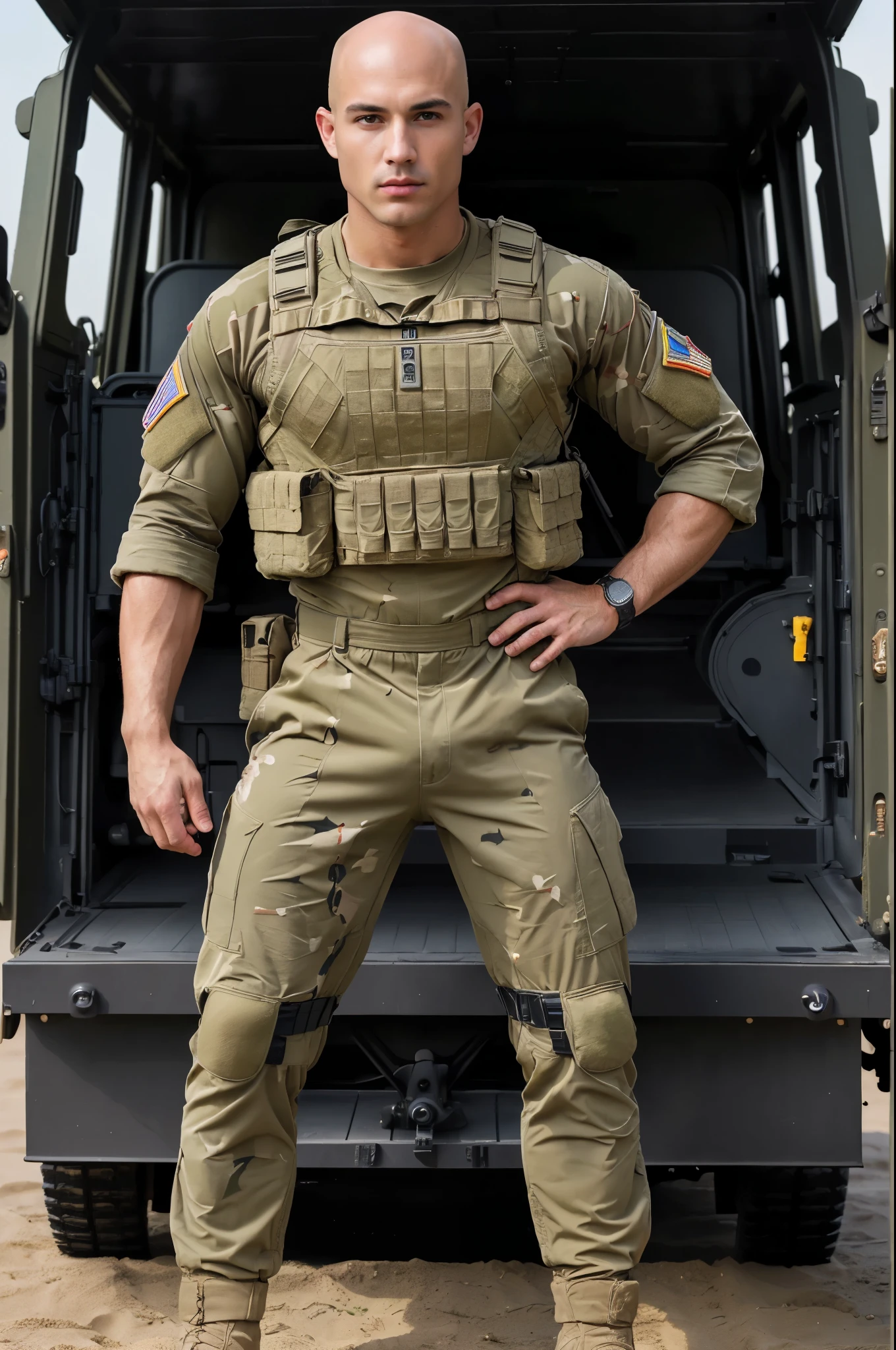 ((8k ((best quality)), ((masterpiece)), (very detailed), real face bald male muscular male full body wear soldier suit stand by military truck
