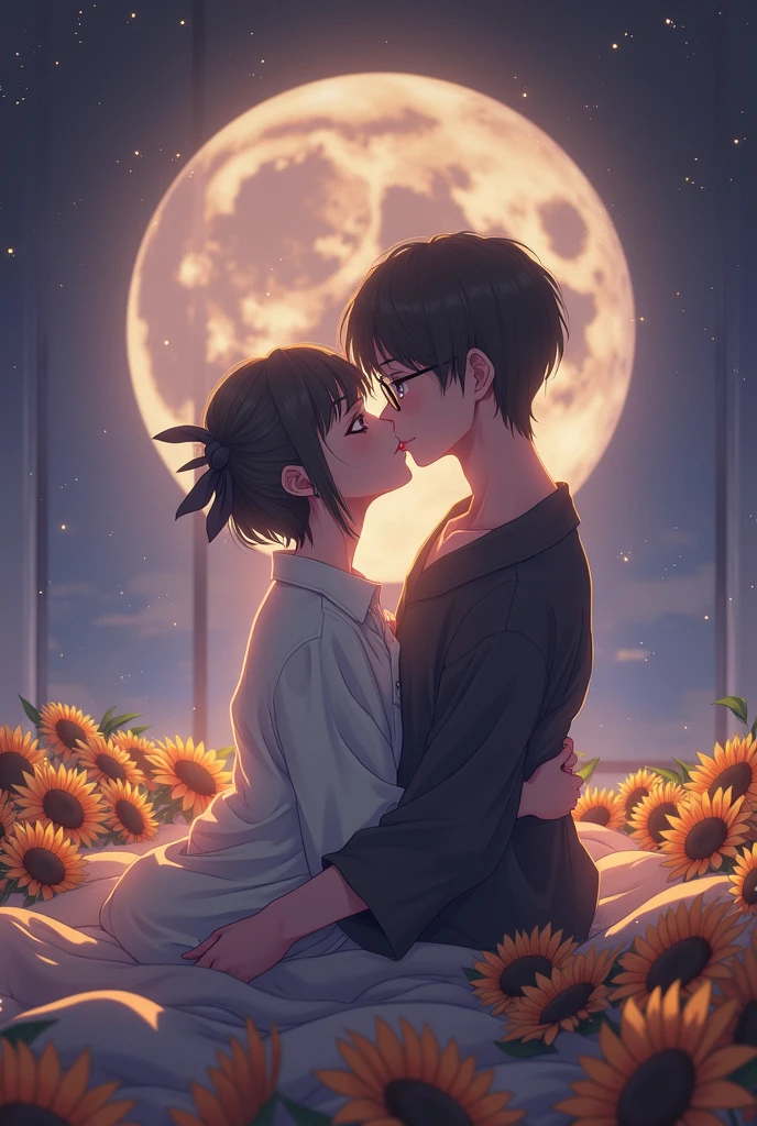 Beautiful couple hugging and kissing passionately in bed, the bed has sunflowes, the girl and the bot are lying down kissing, both of them screwed
(girl: short, big eyes but not too much with a loving look, not so long elf ears and in her left ear a ruby-colored earring, long hair with a black bow on the side of her hair, blondie hair, super tiny tits, She is wearing the boy's white shirt, (girl: white skin:1.3)), (guy: brown eyes with glasses, thin like shinji from Evangelion, the shirtless boy), (white skin:1.3), a modern and romantic room (best quality, 4k, 8k, high resolution, masterpiece:1.2), ultra detailed, (realistic, photorealistic, photorealistic:1.37), HDR, UHD, studio lighting, ultra-fine painting, sharp focus, physically based rendering, extreme detail description, professional, vivid colors, bokeh, romantic, cinematic, dramatic lighting, warm color palette, bright moonlight, dreamlike, ethereal