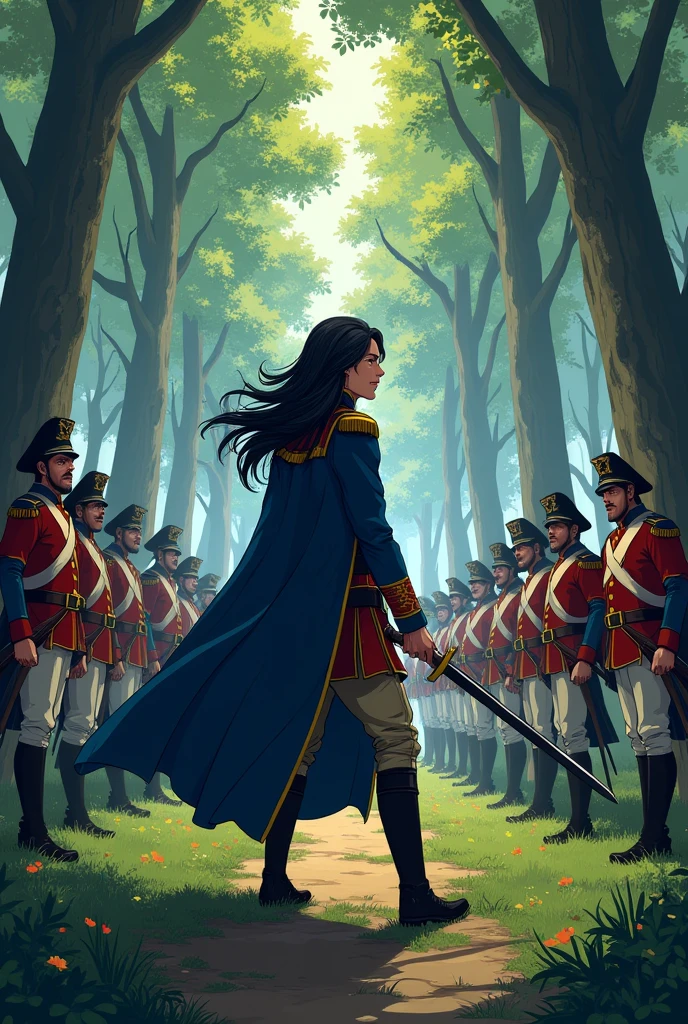 Humans from the 1740 British Navy Army invade the forest 2D anime look in front of them and get into fighting stance. Admiral Sir. Ethan Woods Clark 3° um jovem de 1,86, with her long black hair and her long sword, he orders the attack looking straight ahead
